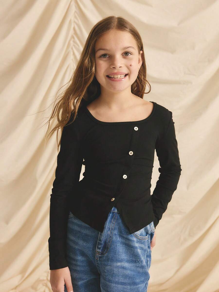Tween Girl Solid Color Square Neck Fitted Long Sleeve T-Shirt - Black - View 1