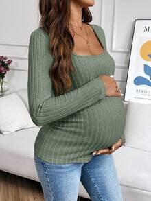 SHEIN Maternity Autumn Simple Solid Color Ribbed Fitted Crew Neck Long Sleeve T-Shirt - Green - View 3