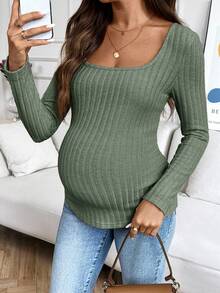 SHEIN Maternity Autumn Simple Solid Color Ribbed Fitted Crew Neck Long Sleeve T-Shirt - Green - View 4