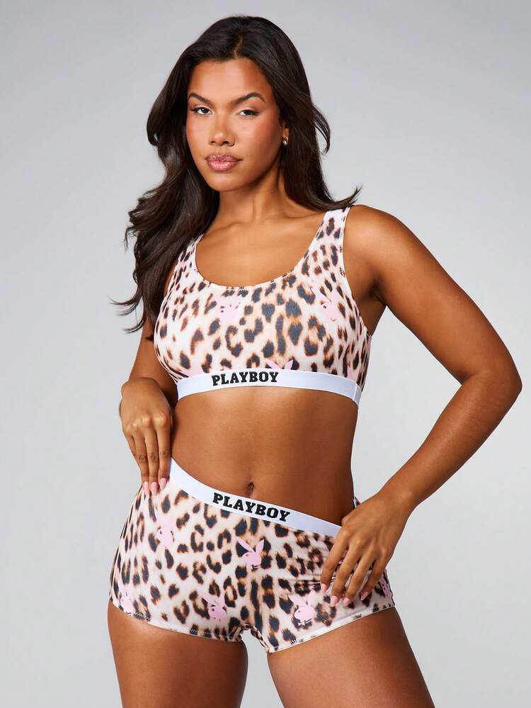 Missguided x Playboy Leopard Print Bralette And Panty Underwear Set With Elastic Band Detail