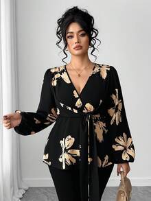 Elenzga Vestido maxi con cuello cruzado, mangas abullonadas y volantes con estampado floral elegante para mujer de talla grande, blusa de otoño para mujer - Negro - Ver 4