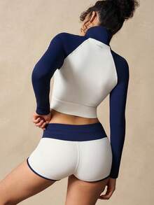 VARSIVA Women's Color Block Raglan Sleeve Zip-Up Half Placket Cropped Top And Shorts Sports Workout Women Sets - Multicolor - View 9