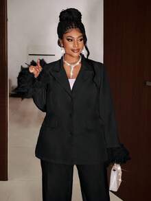 Maweii Plus Size Women's Solid Color Padded Shoulder Long Sleeve Cuff Decor Elegant Blazer + Casual Pants 2 Pieces Set, Chic Outfit For Going Out And Commuting, Autumn/Winter - Black - View 2