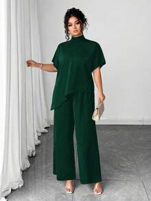 Elenzga Setelan 2 Potong Wanita Ukuran Plus Kasual Leher Tinggi Lengan Pendek Hem Asimetris + Celana Panjang Lebar Polos - Dark Green - View 6