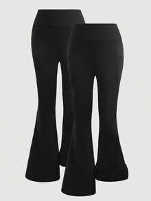 SHEIN Girlism 2条装少女保暖内衬高腰修身喇叭裤，黑色，秋冬季裤装打底裤套装 - 黑色 - 查看 8