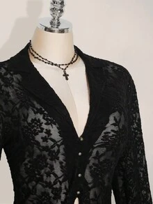 SHEIN ICON 加大码女式生菜边不对称下摆透明喇叭袖单排扣性感衬衫（不含胸罩） - 黑色 - 查看 6
