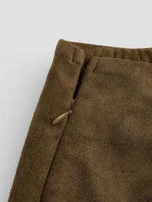 Sweetra Váy ngắn lông xù màu nâu cỡ lớn xếp ly bất đối xứng trang trí khóa kéo phía sau bằng da lộn, phong cách tối giản đi làm, mùa thu/đông - Màu Khaki - Xem 4