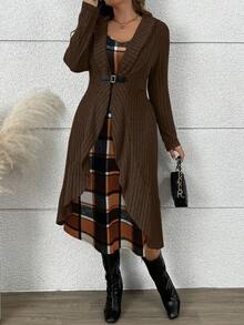 EMERY ROSE Plus Size Women Plaid Slip Dress + Asymmetrical Ribbed Cardigan 2-Piece Set, Casual Outerwear For Autumn/Winter Fall - Multicolor - View 4