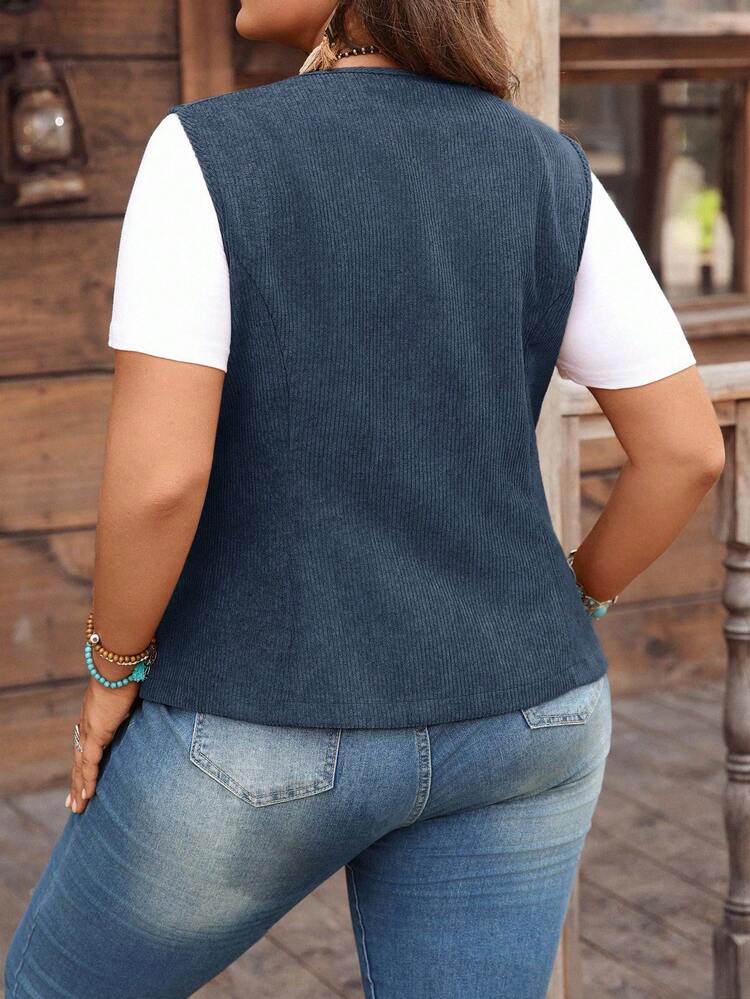 Plus Size Women's Solid Color Single-Breasted Casual Corduroy Vest Jacket/Winter