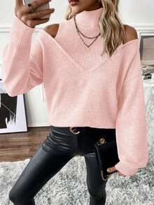 EMERY ROSE Áo len chui đầu dài tay trễ vai tối giản màu trơn dành cho nữ - Màu Hồng baby - Xem 7