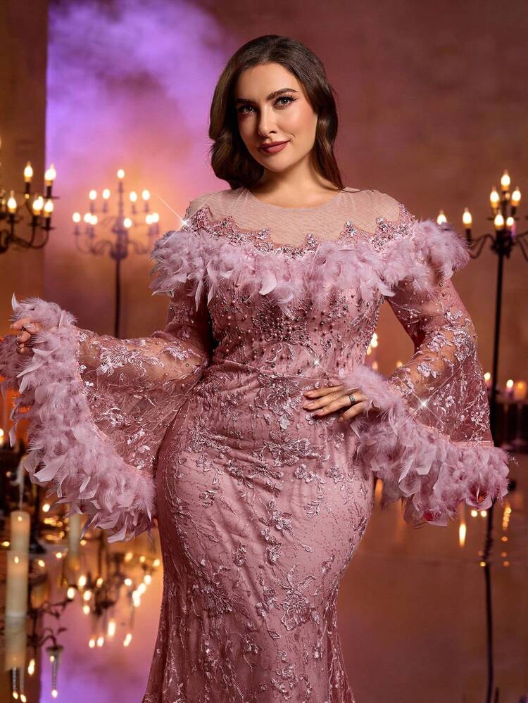 Glamrae Plus Size Elegant Romantic Dark Pink Round Neck Sheer Mesh Inlaid Sequins Diamond Feather Patchwork Floral Embroidery Mermaid Hem Luxury Beaded Formal Dress, Suitable For Wedding, Celebration, Party, And Important Occasions (Ostrich Feather) - Dusty Pink - View 1