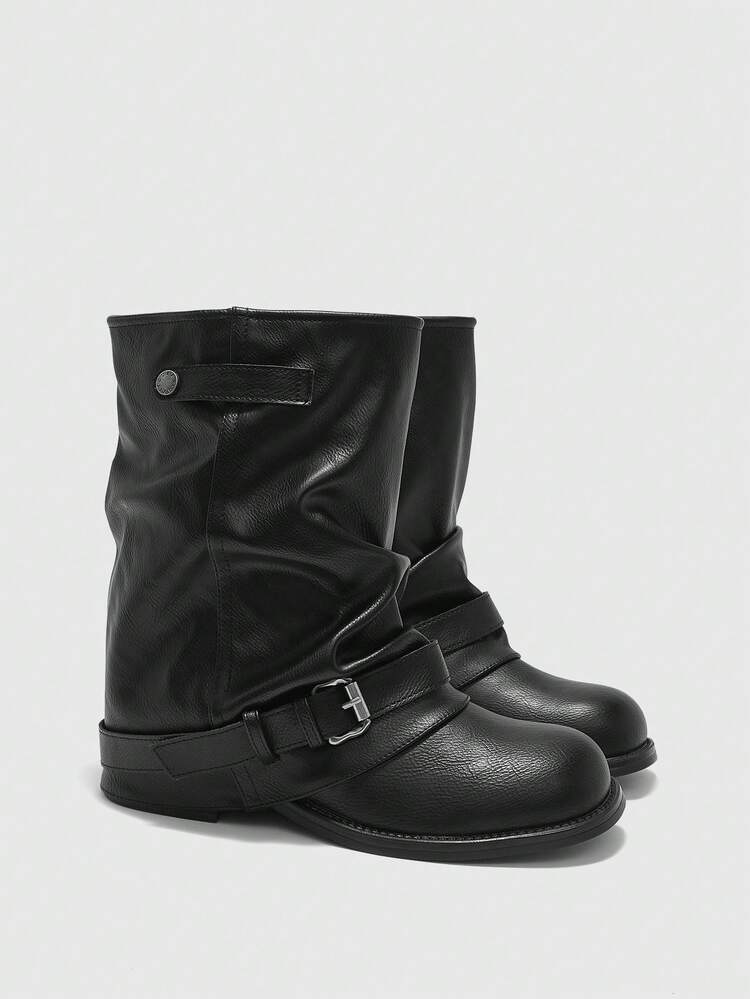 CUCCOO BIZCHIC Black Mid-Calf Motorcycle Boots | Adjustable Buckle Strap | Soft Wrinkled Leather | Comfortable Chunky Heel | 2 Pairs, Premium Leather-Look