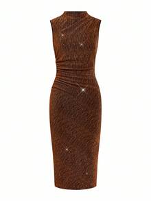 Ellevyn 女式无袖褶皱印花网眼针织连衣裙，夏季 - 卡其色 - 查看 6