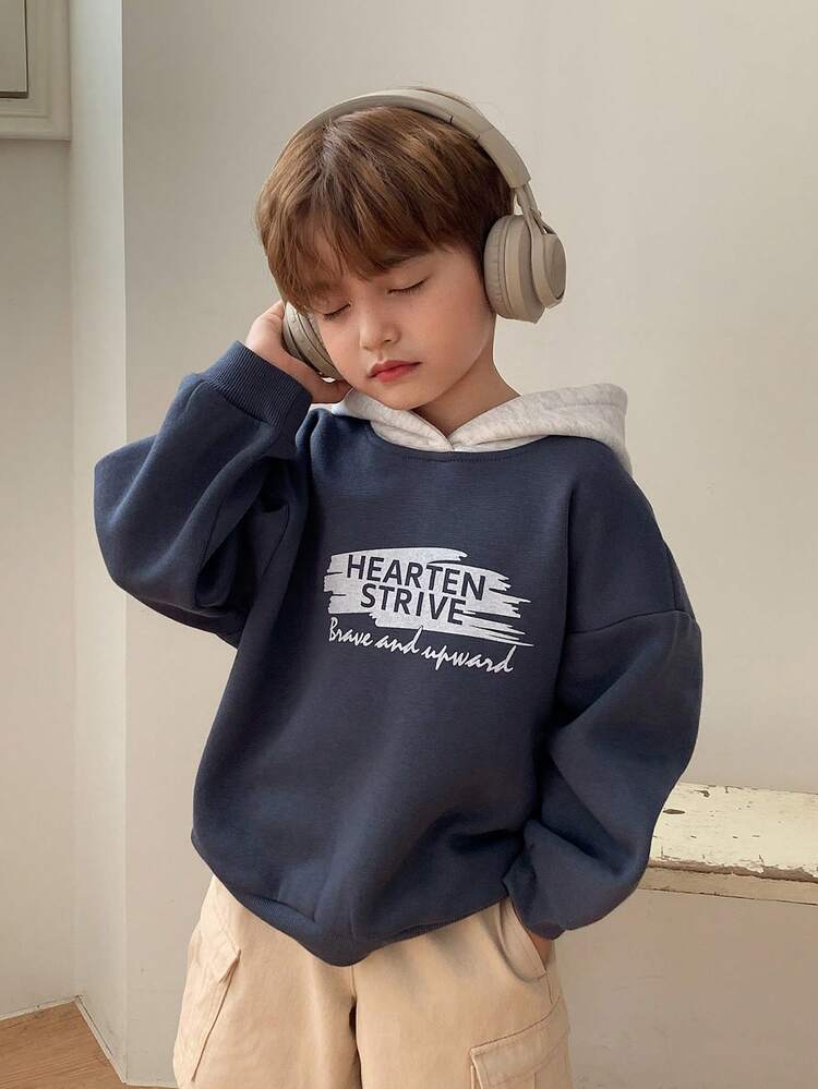 Young Boy Slogan Print Contrast Color Long Sleeve Casual Loose Sweatshirt, Autumn/Winter