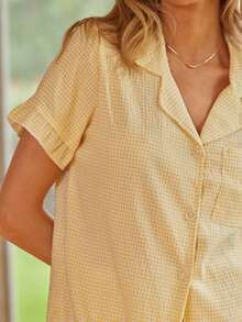 格子印花睡衣套装女式短袖上衣和松紧腰裤，休闲套装 - 黃色 - 查看 5