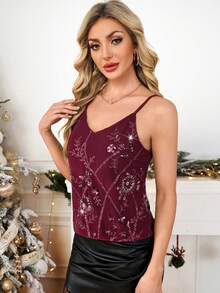 Gownix 亮片刺绣吊带背心，时尚优雅，适合派对、新年、圣诞节等场合，亮片闪耀夺目。 - 紅色 - 查看 3