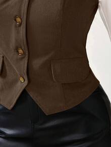Modelyn Rompi Kasual Wanita Warna Polos Leher V Kancing Tunggal, Musim Gugur - Mocha Brown - View 8