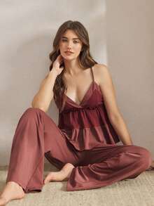 Ocili Women's Contrast Ruffle Hem Camisole And Wide Leg Pants Pajama Set - Rose Red - View 1