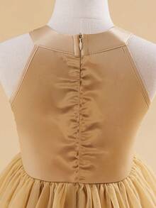 Glamorique Kids 1pc Red Girls' Halter Neck Dress, Top Half With Glitter Decor, Bottom Half With Fluffy Mesh Skirt, Suitable For Performances, Banquets And Other Formal Occasions To Showcase Childlike Innocence And Elegance Fall Winter