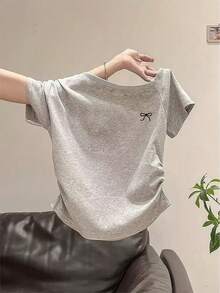 INAWLY 女式夏季新款性感不对称肩部蝴蝶结刺绣荷叶边修身T恤