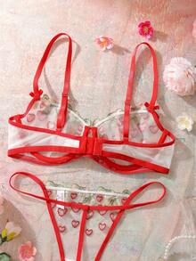 Women's Red Strawberry Embroidery Bowknot Sheer Lace Lingerie Set, Sweet & Playful, Suitable For Dates And Holidays - Multicolor - View 2