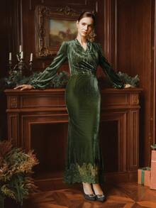 Anewsta High Quality Vintage Fashion Standard Size Women's Dress, Velvet & Lace Patchwork Dress, High Waist Slimming Christmas Party Gown, Luxurious Elegant Long Dress - Army Green - View 7