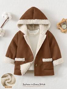 Cozy Pixies Baby Girl Suede Thermal Lined Contrast Color Long Sleeve Hooded Cardigan, Casual & Versatile In Fall/Winter - Coffee Brown - View 11