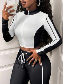 SHEIN BamGlam Women's Casual 2 Pieces Set, Color Block Design, Long Sleeve Zip-Up Jacket And Drawstring Pants, Autumn - Black and White - View 3