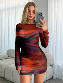 Aloruh 女式纯色圆领长袖褶饰印花修身迷你连衣裙，秋冬 - 彩色 - 查看 5