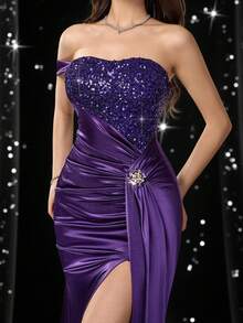 Coutiva 女士优雅亮片拼接高开衩露肩正式晚礼服 - 紫色 - 查看 4