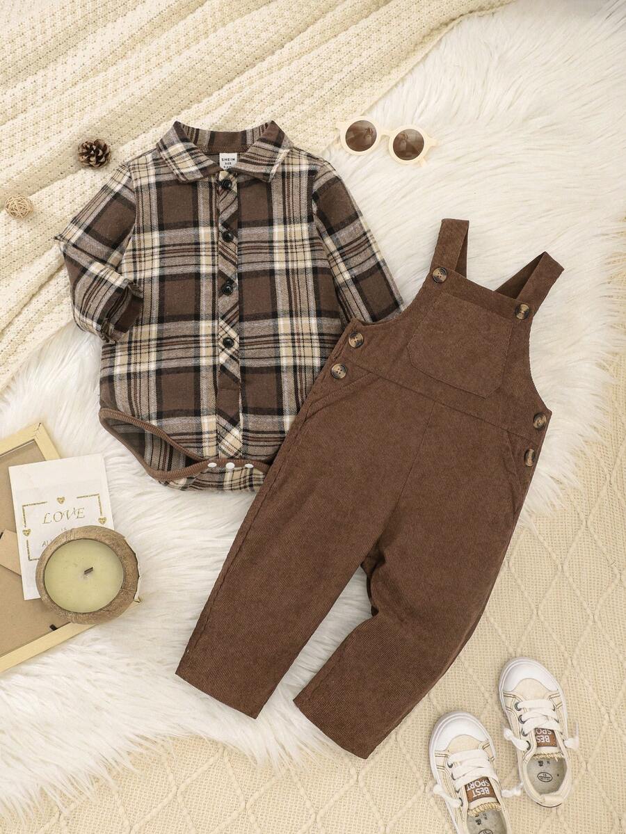 SHEIN Vintaside Kids 婴儿格子灯芯绒背带裤套装，秋冬 - 棕色 - 查看 1