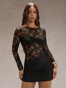 Glamine Women's Black Lace Glossy Mini Dress, Long-Sleeved Cutout See Through Outfit,Black Floral,Autumn,70s,Club,Party,Retro Chic Gala Night - Black - View 4