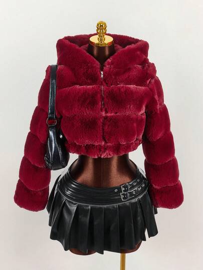  Y2K Amplova Women's Solid Red Color Minimalist Daily Wear Long Sleeve Hooded Faux Fur Jacket, Winter