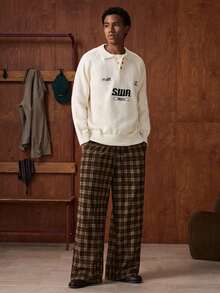 SWAVVY Men's Fashion Letter Pattern Polo Collar Raglan Sleeve Casual Sweater, Autumn/Winter - Apricot - View 3