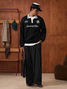 SWAVVY Sudadera casual para hombres, negra con cuello a contraste, estampado, adecuada para primavera, otoño e invierno, top de manga larga - Negro - Ver 3