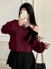 Modelyn Autumn/Winter Bowknot Loose Korean Style Casual Cropped Sweatshirt