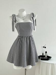 Elamini Váy ngắn buộc dây họa tiết kẻ caro xếp ly ren dễ thương cho nữ - màu đen - Xem 6