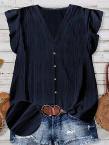 EMERY ROSE Women's Solid Color Cap Sleeve Casual Blouse, Suitable For Summer - Navy Blue - View 1