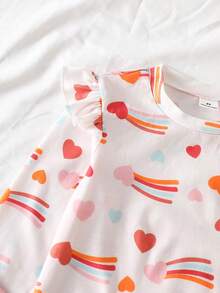 2pcs/Set Toddler Girls' Long Sleeve Top And Pants Set With Heart Pattern, Ruffle Hem, Casual, Comfortable, Cute, With Headband, Home Wear, Spring/Autumn - Apricot - View 4