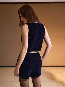 MOTF PREMIUM 撞色饰带 V 领背心，秋冬 - 藏蓝色 - 查看 3