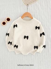 Cozy Pixies Ung flicka färgblocksmönster rosettdekor rund halsringning nedsänkt axeltröja, minimalistisk stil basic, lämplig för höst/vinter inomhus, utomhusskidåkning, vardagskläder, sport, lek, fest, fotografering, jul - Vitt - Visa 3
