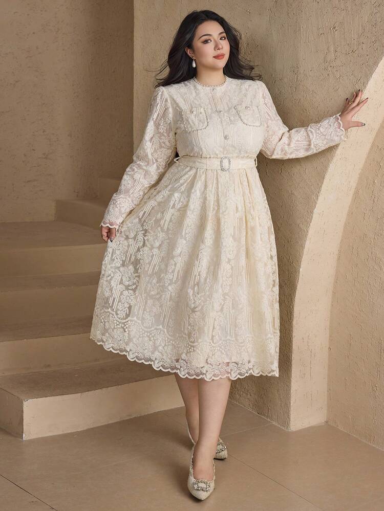 Dazy Plus Plus Size Women Square Collar Contrast Lace Elegant Fitted Long Sleeve Party Dress, Spring/Autumn Maxi Dress