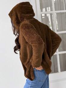 SHEIN EZwear 秋冬休闲慕斯棕色双面宽松连帽衫 - 摩卡棕 - 查看 2