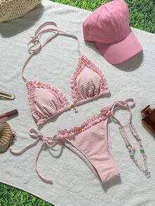 Swim Mod مجموعة بكيني نسائية من قماش الجاكار مع تصميم أزهار وتطريز دانتيل وزخارف معدنية، مناسبة للربيع والصيف