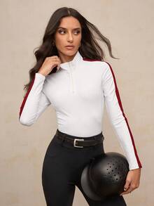 Activina Women's Contrast Color Minimalist Equestrian Long Sleeve Top - White - View 6