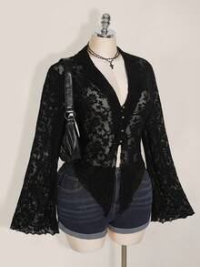 SHEIN ICON 加大码女式生菜边不对称下摆透明喇叭袖单排扣性感衬衫（不含胸罩） - 黑色 - 查看 4