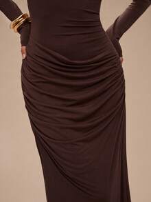 SHEIN BAE 纯色长袖露背系带褶饰优雅连衣裙，适合秋冬季，伴娘服，生日礼服，正式场合礼服，日常穿着 - 棕色 - 查看 4