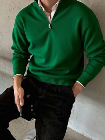 Manfinity CasualKnits Men's Solid Color Half-Zip Casual Pullover Sweater Green Cardigan Men Men Knit Sweater Polo Men Cashmere Men S Clothing Green Sweater Men Fall Winter