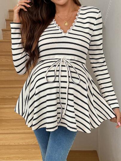 SHEIN 妊婦用 コントラストレース Vネック 長袖 ウエストタイ カジュアル ストライプTシャツ