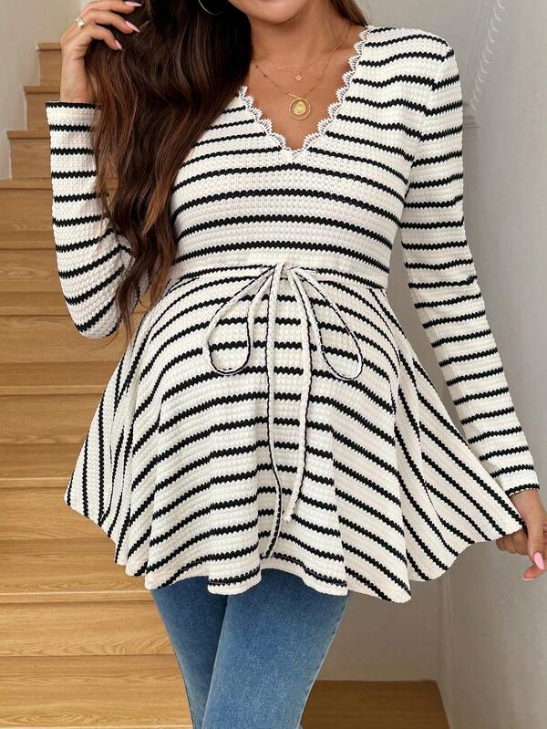 SHEIN Casual Woman,Fall Clothes,Autumn Clothes,Materity Autumn Clothes Maternity Pregnant Women's Contrast Lace V-Neck Long Sleeve Waist Tie Casual Striped T-Shirt Maternity Tops Pregnancy Clothes Maternity Shirts For Women Pregnant Outfits Dress For Pregnant Women